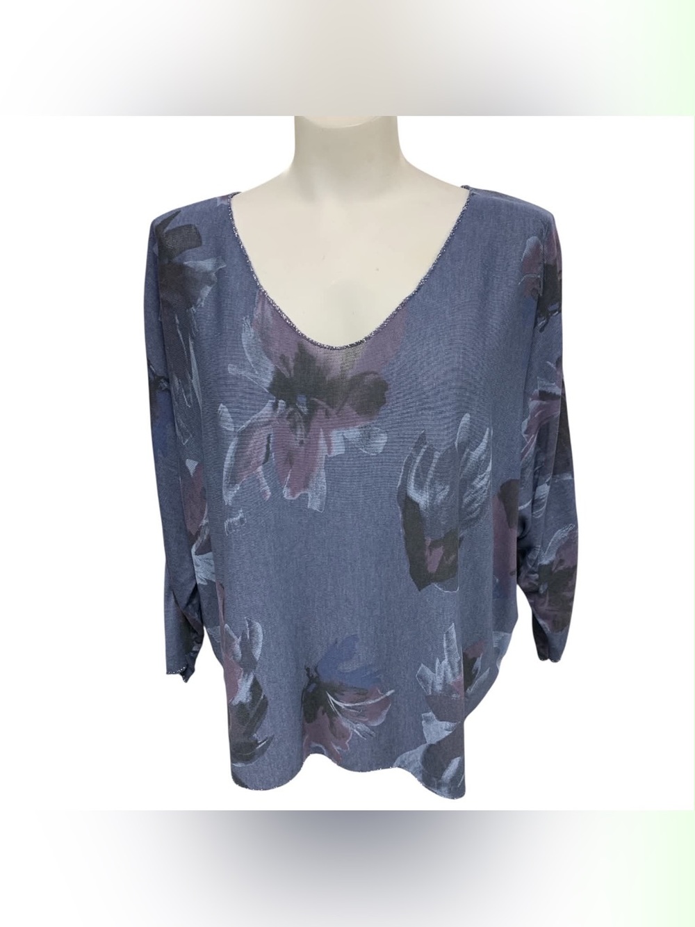 Made In Italy Blue Floral V-Neck Top Size M